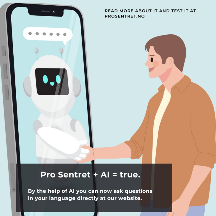 It is a light blue background. It is a picture of a smartphone with a white robot reaching out its hand. The hand reaches outside of the phonescreen. There is a man with a brown shirt and yellow t-shirt shaking the robots hand. There is a black textbox that says:" Pro Sentret + AI = true. By the help of AI you can now ask questions in your language directly at our website." The picture is a drawing. 