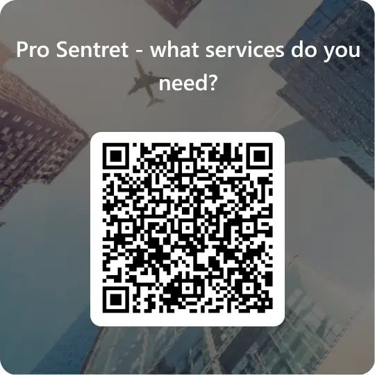 With white text at the top, it says “Pro Sentret - what services do you need?” The background is grayish, but you can glimpse green plants and a lamp in the background. In the middle, over the entire image, there is a large square with a QR code inside